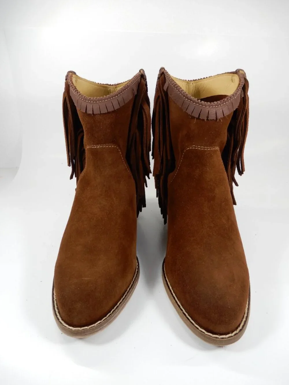 LUCCHESE Hidden Wedge Booties Size 7 Chocolate Brown Suede Fringe Trim NEW